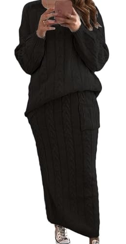 Damen-Winter-Pullover-Set mit grobem Zopfmuster, langem Rock, 2-teiligem Outfit(2#,M) von BTFONIA