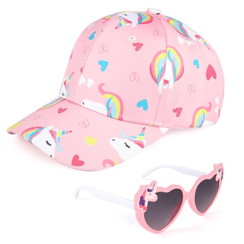 BTHRORO Baseballkappe Kinder Sonnenbrille Set, Einhorn Verstellbarer Baseball Cap Sonnenschutz Basecap Einhorn Sonnenbrille Mädchen Sommer Accessoires von BTHRORO