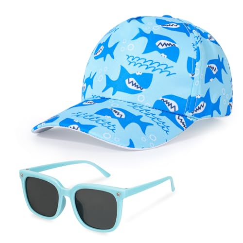 BTHRORO Basecap Kinder Jungen, Baseballkappe mit Haifisch-Print und Sonnenbrille Kinder Sommer Sonnenhut UV Schutz Verstellbare Snapback Trucker Cap Sonnenschutzgeschenk für Jungen von BTHRORO