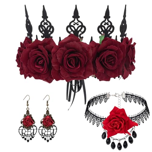 BTHRORO Gothic Schmuck Set für Damen, Halloween Kostümsets Spitze Kette Gothic Spitze Haarband Vampir Ohrringe für Halloween Karneval Ostern Kostüm Cosplay Spitze Geschenk von BTHRORO