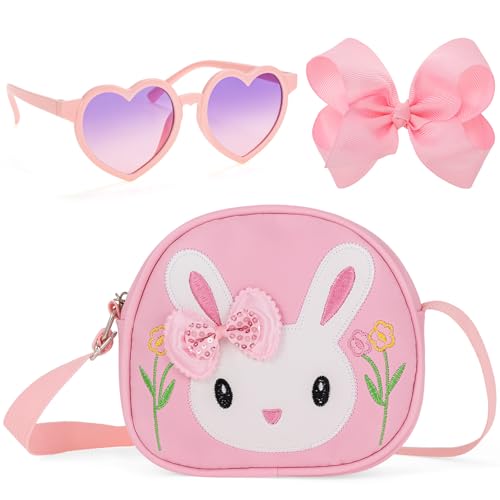 BTHRORO Handtasche Mädchen, Niedlicher Hase Umhängetasche Sonnenbrille Haarklammern Mini Handtaschen Crossbody Geldbörse für Kinder Mädchen Schultertasche Geschenke Geburtstagsgeschenke von BTHRORO