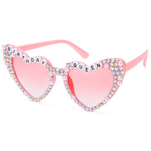 BTHRORO Herz Sonnenbrille für Damen, Birthday Queen Party Brille Perle Vintage Sonnenbrillen Herzförmige Brille für Fasching Up Party Geburtstag Sommer von BTHRORO