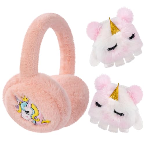BTHRORO Ohrenwärmer Kinder Mit Handschuhen, Süße Einhorn Plüsch Ohrenschützer Weiche Winter Thermohandschuhe, Winter Verstellbare Ohrschützer Winter Accessoire Winterzubehör Winterset von BTHRORO