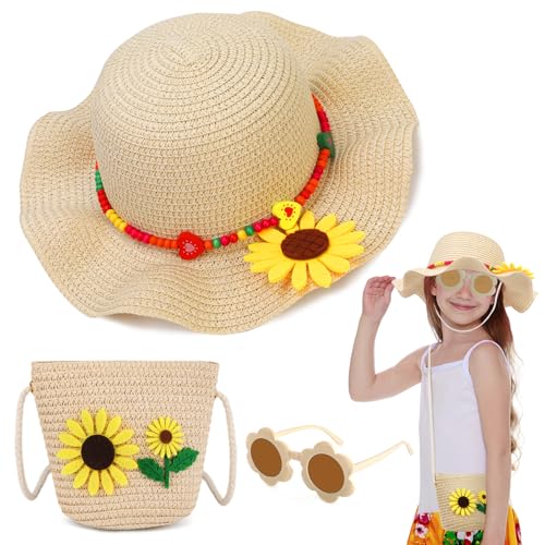 BTHRORO Sonnenhut Kinder Stroh Tasche, Mädchen Strohhut Set mit Sonnenbrille, Sommerhut Umhängetasche Mädchen Strohhüte mit Blumendekoration Sommer Strandhut Sonnenhüte von BTHRORO