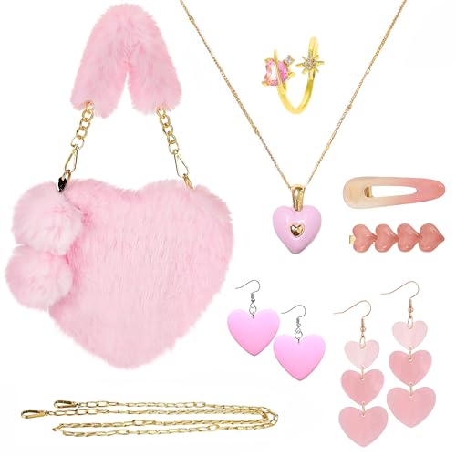 BTHRORO Tasche Schmuckset Damen, Pink Halskette Ring Ohrringe Set Herz Fell Crossbody Tasche Schmuck Set für Damen Mädchen Party Valentinstag Jahrestag Geburtstag Geschenk von BTHRORO