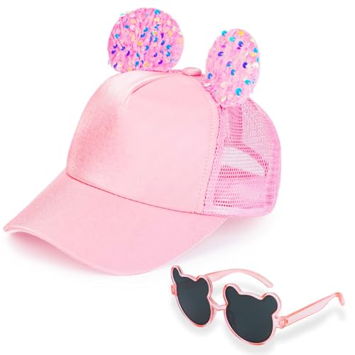 Kinder Basecap Sonnenbrille für Mädchen, Cartoon Baseball Kappe mit 3D-Hasenohren, Maus Ohren, Großer Schleife Verstellbare Snapback Cap Sommer Baseballmütze mit Atmungsaktivem Mesh Sonnenhut Mädchen von BTHRORO