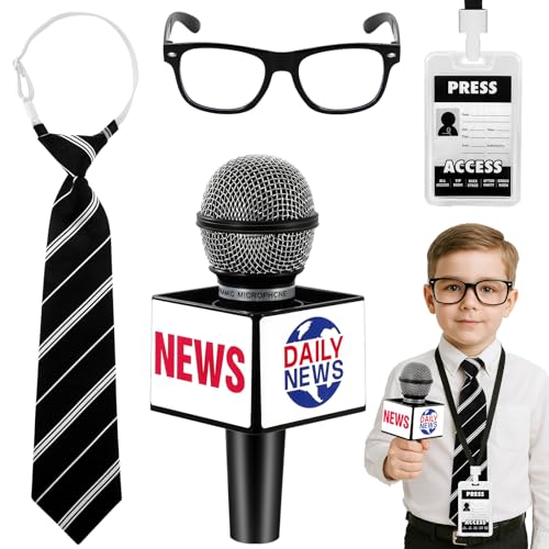 Kinder Reporter Kostüm Zubehör Kindermikrofon Spielzeug Verstellbare Krawatte Brille Ohne Stärke Ausweis Kindergeschenke Rollenspiele Zubehör für Halloween Karneval Cosplay Kinder-Berufekostümparty von BTHRORO
