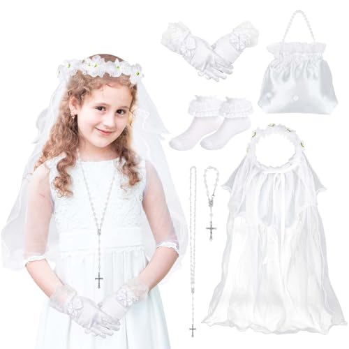 Kommunion Haarschmuck für Mädchen, Erstkommunion Haarkranz mit Schleier Haarreif Rosenkranz Halskette Armband Kinder Weiße Schleife Handschuhe Rüschen Socken Tasche Kommunion Geschenke für Mädchen von BTHRORO