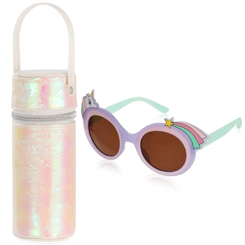 Sonnenbrille Kinder mit Brillenetui Weich, Einhorn Kindersonnenbrille für Mädchen Brillentasche Leder mit Tragegriff Zylindrische Reflektierende Brillen Etui mit Reißverschluss Tragbare Brillenhülle von BTHRORO