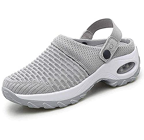 BTKD Damen Pantolette Clogs Sneaker Turnschuhe Atmungsaktive Sportschuhe Mit Absatz Und Luftpolster Dämpfung Atmungsaktiv Elastisch Turnschuhe Leichte Laufschuhe Sportschuhe,Grau,37 von BTKD