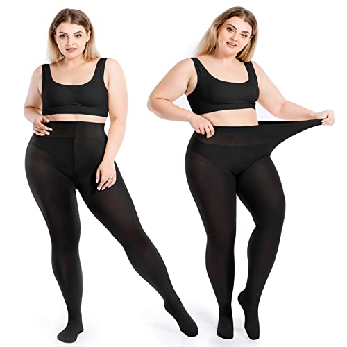 BTNEEU 2 Paar Damen Strumpfhose Große Größen Elastisch Hohe Taille Strumpfhosen Reißfest Atmungsaktiv Leggings Pantyhose Transluzent Strumpfhosen Plus Size Frühling Herbst (4XL-5XL, Schwarz-2Paar) von BTNEEU