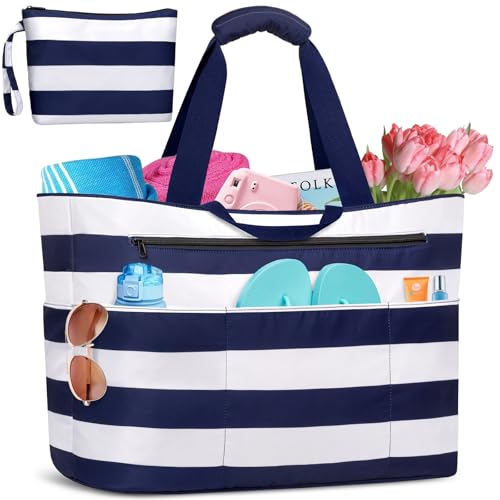 BTNEEU Strandtasche mit Reißverschluss Strandtasche XXL Familie Extra Große 50L Badetasche Wasserdicht Sanddicht Beach Tote Bag Damen mit 14 Taschen Shopper für Reisen Fitness Pool (Blau Streifen) von BTNEEU