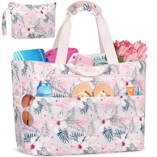 BTNEEU Strandtasche mit Reißverschluss Strandtasche XXL Familie Extra Große 50L Badetasche Wasserdicht Sanddicht Beach Tote Bag Damen mit 14 Taschen Shopper für Reisen Fitness Pool (Rosa Flamingo) von BTNEEU