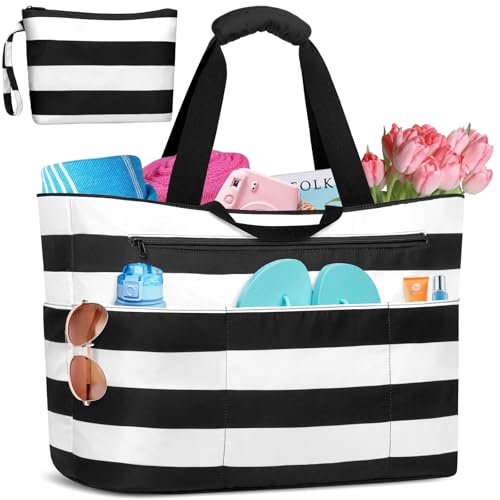 BTNEEU Strandtasche mit Reißverschluss Strandtasche XXL Familie Extra Große 50L Badetasche Wasserdicht Sanddicht Beach Tote Bag Damen mit 14 Taschen Shopper für Reisen Fitness Pool (Schwarz Streifen) von BTNEEU