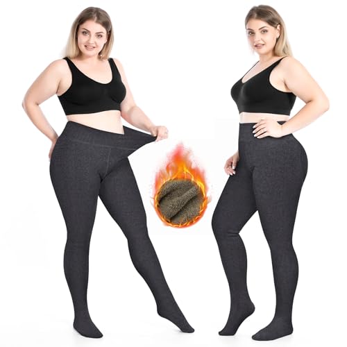 BTNEEU Thermo Strumpfhose Fleece Strumpfhose Damen Gefüttert Winter Warme Strümpfe Leggings Dicke Strumpfhosen Grosse Grössen (DE/NL/SE/PL, Alphanumerisch, L, XXL, Große Größen, Regular, Grau-380g) von BTNEEU