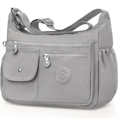 BTNEEU Umhängetasche Damen Groß Nylon Crossbody Bag Wasserdicht Gross Handtasche mit Vielen Fächern Leicht Schultertasche Mittelgroß Verstellbarer Messenger Bag für Einkaufen Reisen Schule (Grau-weiß) von BTNEEU