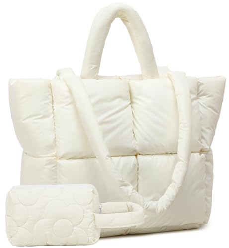 BTOOP Puffer Tote Bag Quilted Puffy Purse Padded Winter Shoulder Bag with Makeup Bag Lightweight Down Handbag for Women Work, Cream von BTOOP