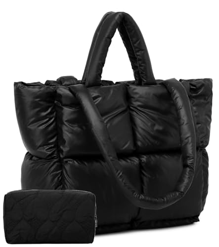 BTOOP Puffer Tote Bag Quilted Puffy Purse Padded Winter Shoulder Bag with Makeup Bag Lightweight Down Handbag for Women Work, Schwarz von BTOOP