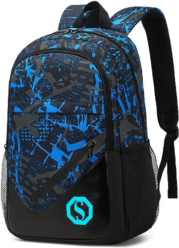 BTOOP Rucksack für Kinder, Jungen, Mädchen, Elementar-Büchertasche, 43,2 cm, Mittelschultasche, Primärrucksack für Teenager, Reisen, passend für Kinder ab 6 Jahren, Graffiti-blau Schwarz, Rucksack von BTOOP