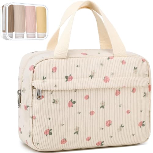 Make-up-Tasche für Damen, Kosmetiktasche, groß, Make-Up-Organizer, Reise-Kulturbeutel, wasserdicht, Reißverschluss, Tragetasche für Mädchen, Beige-Erdbeer-2 von BTOOP