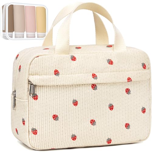 Make-up-Tasche für Damen, Kosmetiktasche, groß, Make-Up-Organizer, Reise-Kulturbeutel, wasserdicht, Reißverschluss, Tragetasche für Mädchen, Beige-Erdbeere von BTOOP