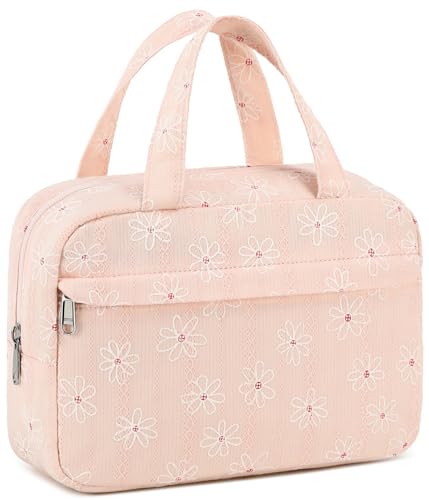 Make-up-Tasche für Damen, Kosmetiktasche, groß, Make-Up-Organizer, Reise-Kulturbeutel, wasserdicht, Reißverschluss, Tragetasche für Mädchen, Cord, rosa Blume von BTOOP