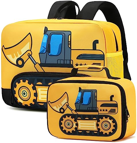 Rucksack für Kinder Jungen Mädchen Vorschule Kindergarten Büchertasche Set mit Lunchbox Kleinkind Schultasche, A-Forklift-Gelb, Rucksack, einzigartig von BTOOP