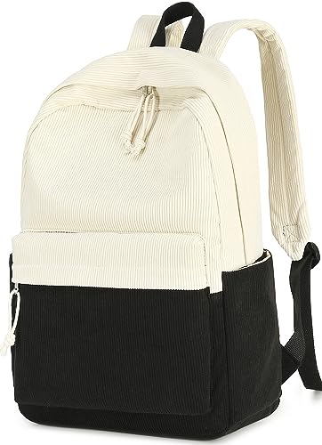 Schulrucksack für Teenager, groß, aus Kord, Büchertasche, leicht, für Mädchen und Jungen, leger, 17 Zoll (43,2 cm), Laptop-Reisetasche, Cord, weiß und schwarz, 17 inch, Classic von BTOOP