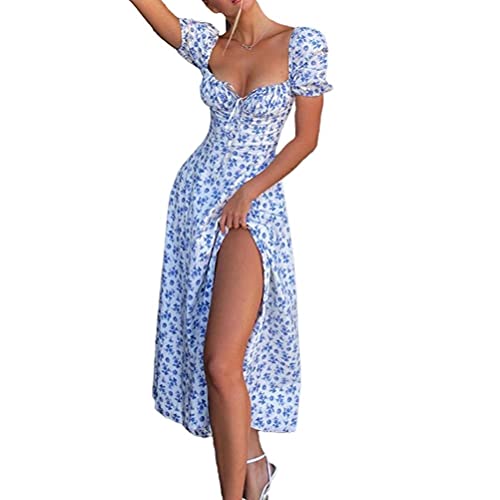BTSEURY Sommerkleid Damen Hauchhülse Blumendruck Lange Kleider Party Seaside Slit Kleid von BTSEURY