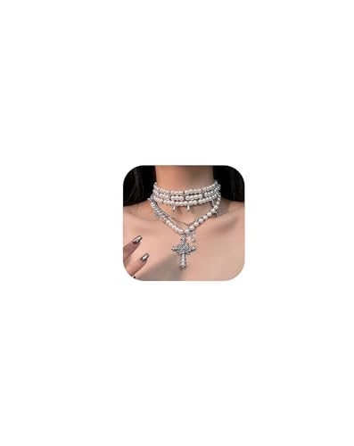 Y2K Geschichtete Perlenkette Gothic Strass Kreuz Perle Stacked Choker Halskette für Frauen, Zirkonia, Perle Y2K Geschichtete Perlenkette Gothic Strass Kreuz Perle Stacked Choker Halskette für Frauen, Zirkonia, Perle von BTTLVZC