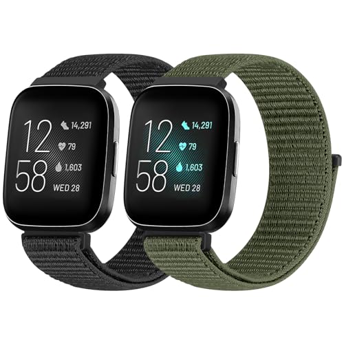 BTTNG Armband Kompatibel für Fitbit Versa 2/Fitbit Versa/Fitbit Versa Lite Armband für Frauen Männer, Einstellbare Atmungsaktive Nylon Armbänder Sport Solo Loop Ersatzarmband (2 Stück) von BTTNG