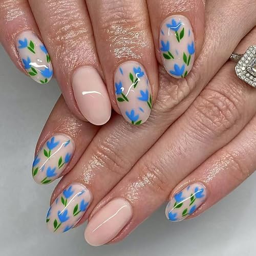 24pcs Mandel Gefälschte Nägel Drücken Künstliche Falsche Klebstoffe Auf Blumendesigns Französische Tipps Acrylkleber Auf Nagel Für Frauen Klar von BUBEFSKD