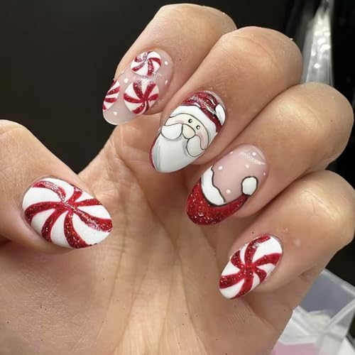 24pcs Weihnachtspresse Auf Nägeln Mit Schneeflocken Und Streifen Volle Abdeckungen Acryl Falsch Künstlich Für Frauen Weihnachten Presse Auf Nagel von BUBEFSKD