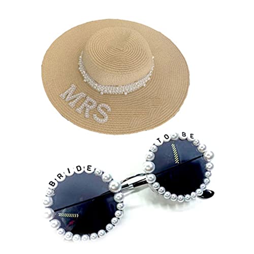 BUBEFSKD Braut Strohwebelhut Braut Hochzeitsfoto Sonnenbrille Mit Perlenkern Outdoor Frau Mit Sonnenbrillen Sonnenschild Frauen Pferdeschwanz Sonnenschand See Strohwebel von BUBEFSKD
