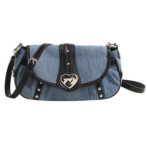 BUBEFSKD Damen Denims Flattern Kleine Umhängetaschen Modische Punk Nieten Herz Schnallen Crossbody Geldbörsen Knödelform Handtasche Denims Crossbody Tasche von BUBEFSKD