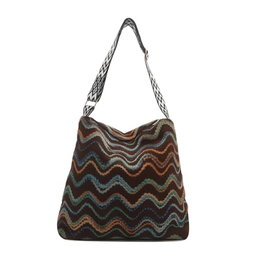 BUBEFSKD Damen Große Kapazität Leinwand Umhängetasche Vintage Farbenfrohe Gestreiftes Gestrickter Mode Crossbody Eimer Mit Breiter Gurt Schulter von BUBEFSKD