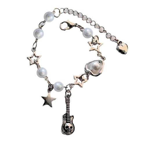 BUBEFSKD Personalisierte Gitarrenschädel Anhänger Armband Delikates Star Perlen Accessoire Für Musikliebhaber Und Personalisierte Gitarrenschädel Anhänger von BUBEFSKD