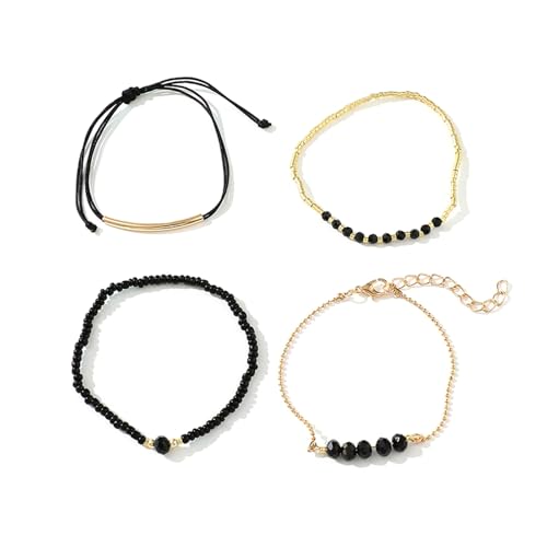 BUBEFSKD Schwarz Nachahmungskristallperlenarmband Set Elegant Perlen Handchain Verstellbare Armband Accessoires Für Frauen Mädchen Acrylperlenarmband von BUBEFSKD