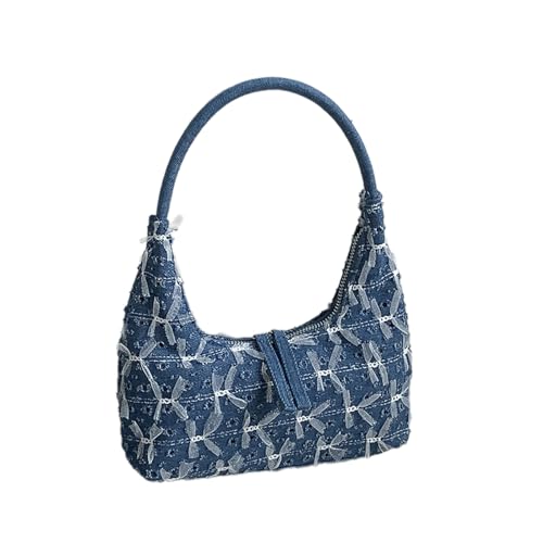 BUBEFSKD Süßer Spitze Bowknot Denims Unterarmtasche Single Schulter Handtasche Für Frauen Koreanischer Stil Vintage Reißverschlüsse Achselbeutel Sweet Lace Bowknot Achselhöhle von BUBEFSKD