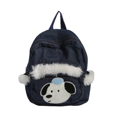 Frauen Mädchen Pelzige Plüsch Spleiß Rucksack Japanischer Ästhetischer Denims Reißverschluss Daypack Cartoon Schulbuchbeutel Denims Rucksack von BUBEFSKD