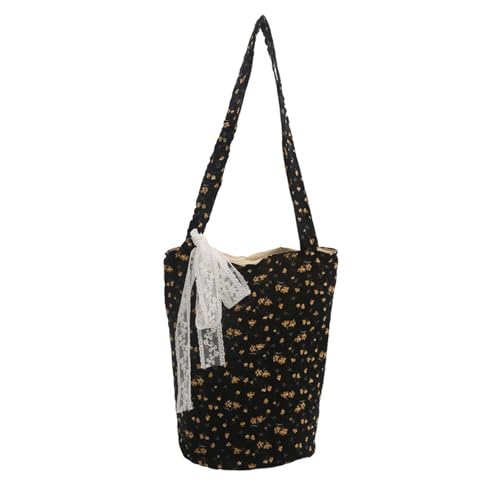 Raffinierte Frauen Süßes Blumenmuster Umhängetasche Großer Kapazität Leinwand Eimer Mit Spitzen Bogenknoten Eleganter Handtasche Französische Stil Schulter von BUBEFSKD