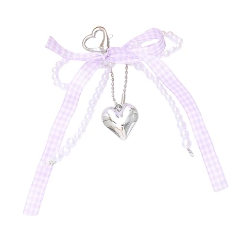 Stylish Heart Anhänger Keyring Mit Bögen Telefon Ornament Bag Accessoires Handtasche Dekoration Für Fashion Ladies Elegante Perlenbögen Geldbeutelzubehör von BUBEFSKD