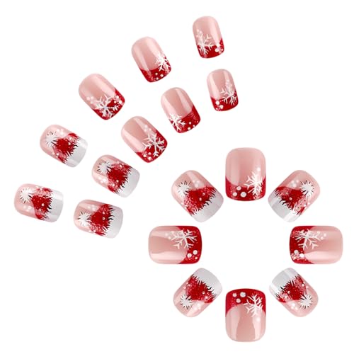 Weihnachtspresse Auf Nägeln Kurzer Quadrat Schneeflockenstock Auf Manikürenkunstdekoration Für Frauen Und Mädchen 24PCS Nagel Schönheitsvorräte von BUBEFSKD