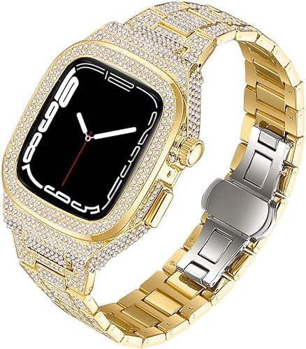 BUDAY Diamant-Uhrengehäuse, Metall-Uhrenarmband, für Apple Watch 9, 8, 7, Damen, Mädchen, modisches Business-Band-Etui, Mod-Kit, für iWatch 44 mm, 45 mm, Ersatzzubehör, 45 mm, Achat von BUDAY