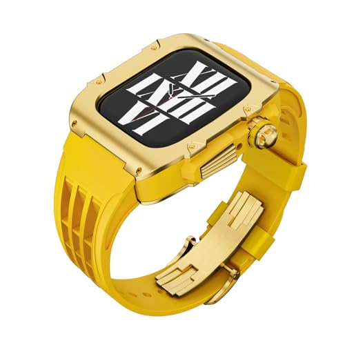 BUDAY Edelstahl-Gehäuse, Fluorkautschuk-Uhrenarmband, für iWatch 9, 8, Serie, 44 mm, 45 mm, Metall-Modifikationsset, für Apple Watch 9, 8, Band 7, 6, 5, SE, Ersatz, 45 mm, Achat von BUDAY