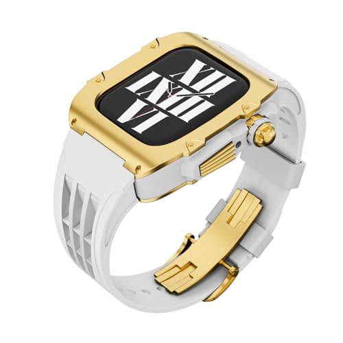 BUDAY Edelstahl-Gehäuse, Fluorkautschuk-Uhrenarmband, für iWatch 9, 8, Serie, 44 mm, 45 mm, Metall-Modifikationsset, für Apple Watch 9, 8, Band 7, 6, 5, SE, Ersatz, 45 mm, Achat von BUDAY
