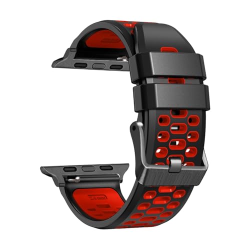 BUDAY FKM Gummi-Uhrenarmband für Apple Watch Ultra 49 mm, Ersatz-Uhrenzubehör, Armband 9, 8, 7, 6, 5, 4, SE-Serie, 45 mm, 44 mm, 42 mm, Farbe: Schwarz / Rot, Größe: 42 mm von BUDAY