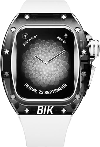 BUDAY Transparentes Kristall-Uhrengehäuse, Gummiband, für Apple Watch Serie Ultra 9, 8, 7, 6, 5, SE, 45 mm, 44 mm, Ersatzarmband, Schmetterlingsverschluss, Mod Kit-Zubehör, 44MM, Achat von BUDAY