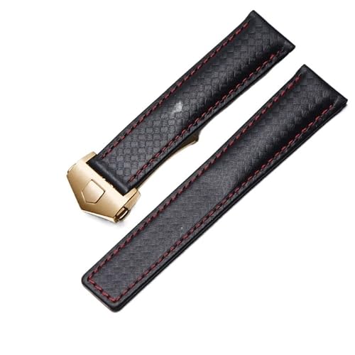 BUDAY Uhrenarmband aus echtem Leder mit Karbonfaser-Textur, für TAG-Armband, schwarz mit roter Linie, 20 mm mit Faltschließe, 19 mm, Achat von BUDAY