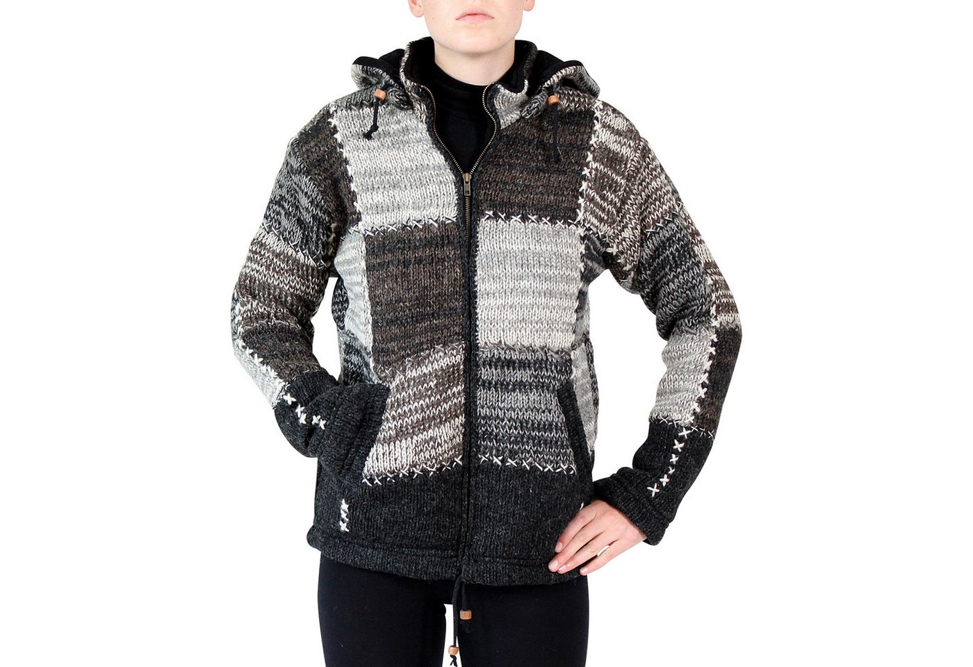 BUDDHA arts&more Wolljacke Patchwork Wolljacke aus Nepal mit abnehmbarer Kapuze abnehmbare Kapuze von BUDDHA arts&more